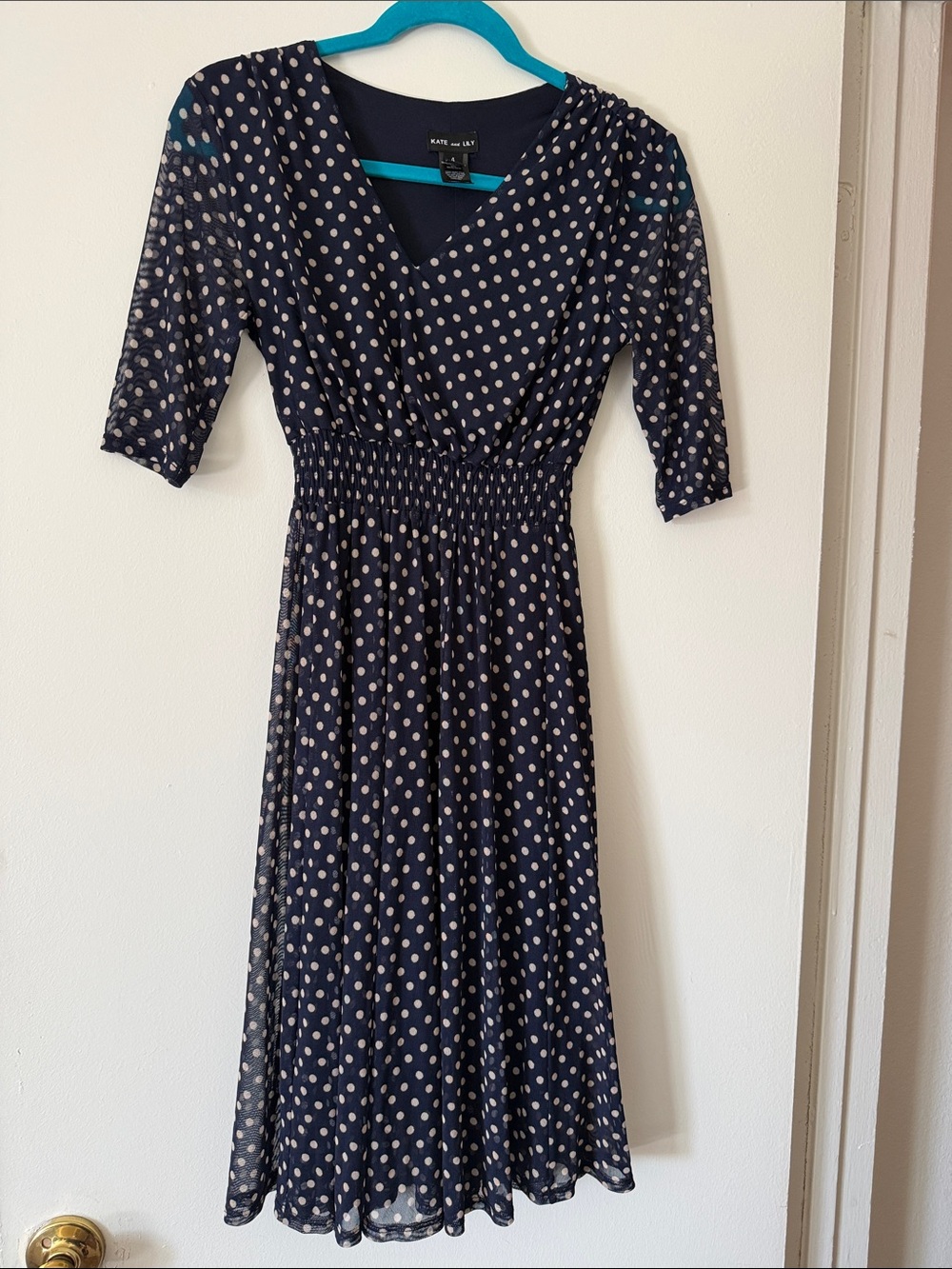 Gently Gathered Navy Polka Dot Midi Dress by Kate and Mallory